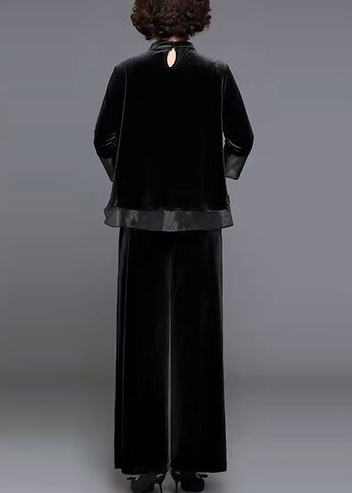 Black Stand Collar Patchwork Velour Two Pieces Set Fall