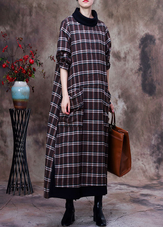 Khaki Plaid Pockets Cotton Robe Dresses Spring