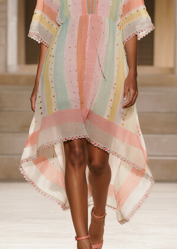 Colorblock Striped Low High Design Cotton Dress Summer