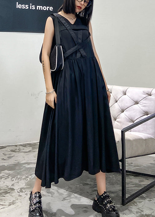 French Black V Neck Wrinkled Dress Sleeveless