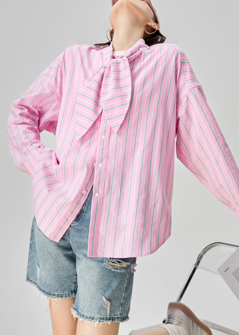 Pink Bow Striped Button Cotton Blouse Fall