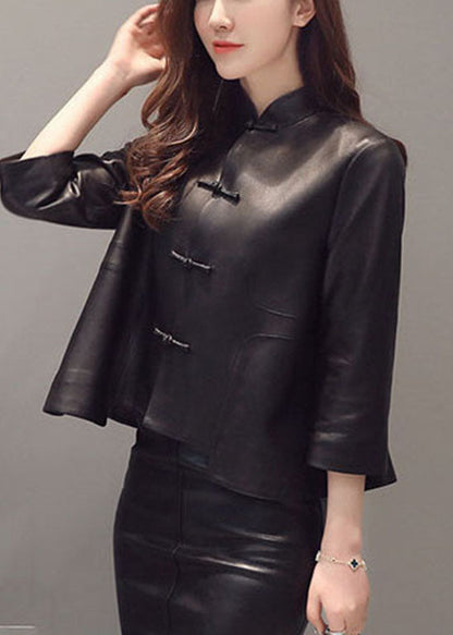 Black Button Stand Collar Faux Leather Coats Three Quarter Sleeve Fall