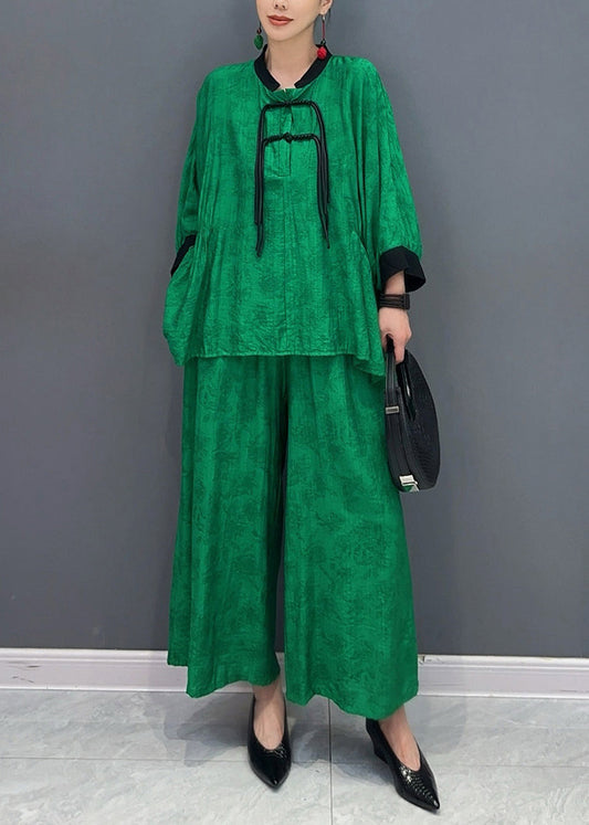 Chinese Style Green Stand Collar Shirts and Wide Leg Pants Two Piece Set Fall