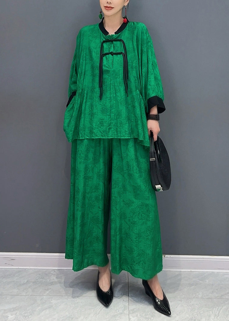 Chinese Style Green Stand Collar Shirts and Wide Leg Pants Two Piece Set Fall