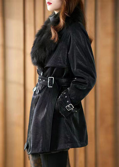 Black Peter Pan Collar Tie Waist Patchwork Fuzzy Fur Fluffy Coats Winter