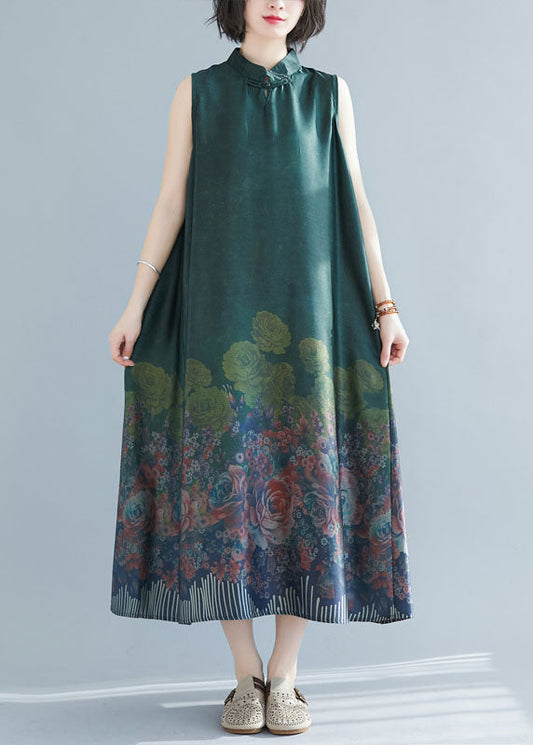 Green Mandarin Collar Print Silk Long Dresses Sleeveless