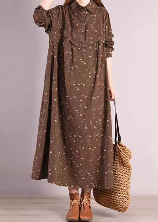 Coffee Peter Pan Collar Patchwork Cotton Dress Fall