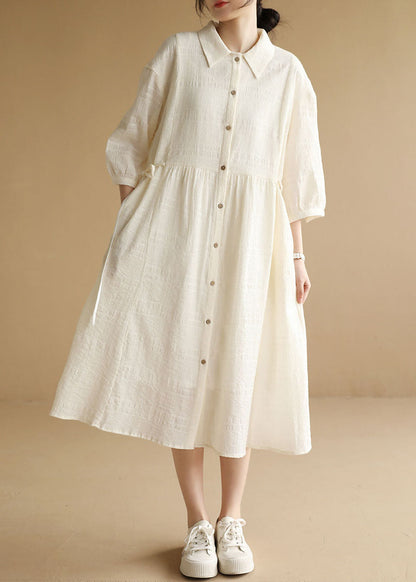 Beige Peter Pan Collar Wrinkled Drawstring Long Dresses Bracelet Sleeve