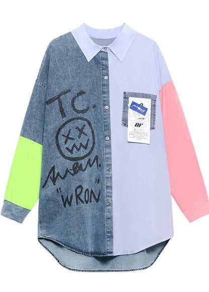 Letter Tunics for Lapel Patchwork Knee Spring Blouses