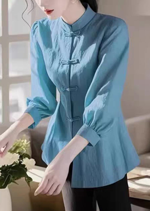 Loose Green Stand Collar Button Cotton Blouse Bracelet Sleeve Fall