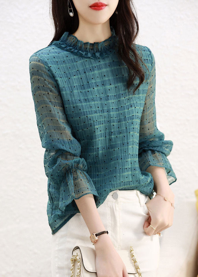 Peacock Green Stand Collar Ruffled Dot Print Chiffon Tops Flare Sleeve