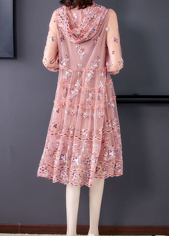 Organic Pink Hooded Embroideried Tulle a Line Dress Summer