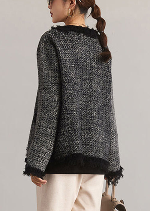 French Black O-neck Button Patchwork Cotton Coat Spring