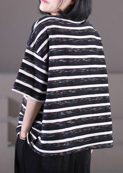 Black O-neck Oversized Striped Cotton Tank Tops Short Sleeve