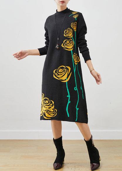 Black Stand Collar Jacquard Knit Long Dress Spring