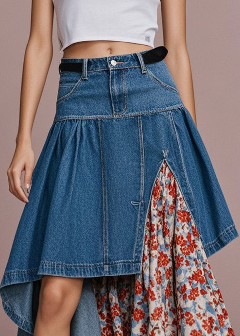 Navy Asymmetrical Patchwork Print Denim Skirt Spring