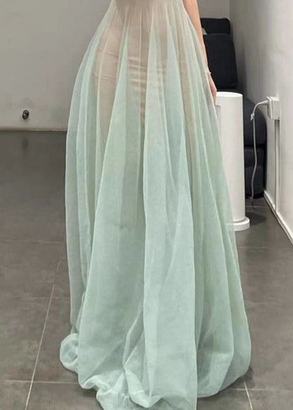 Light Green O-neck Tulle Spaghetti Strap Dress Sleeveless