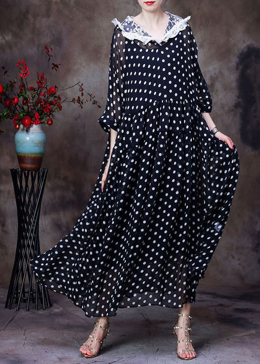 Simple Black Hooded Patchwork Lace Dot Print Silk Long Dress Two Piece Set Clothing Summer
