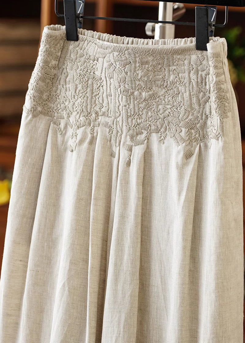 Apricot High Waist Embroidered Linen Wide Leg Pants Fall
