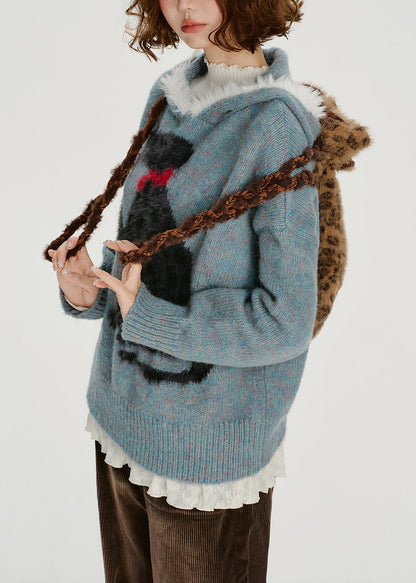 Blue Jacquard Patchwork Knit Hooded Sweater Spring