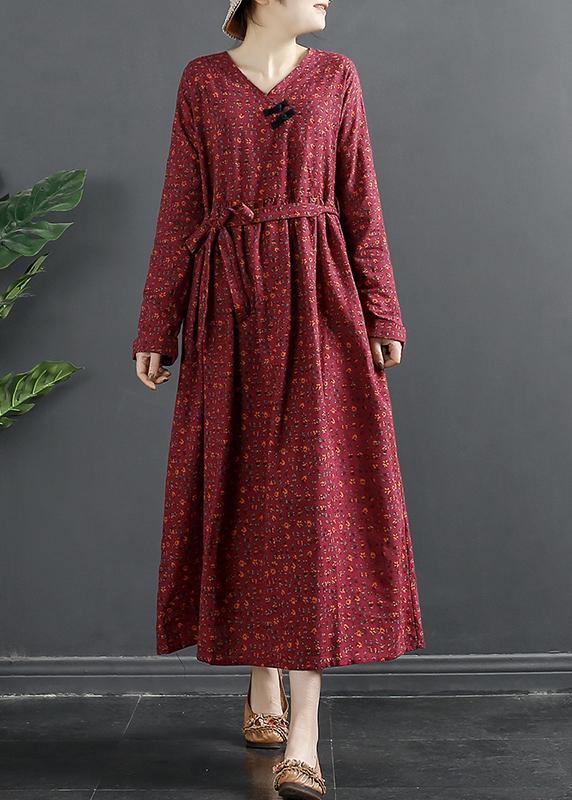 V Neck Quilting Dresses Shape Red Print Long Dress