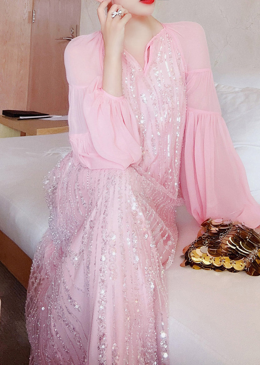 Pink V Neck Patchwork Sequins Silk Long Dress Lantern Sleeve