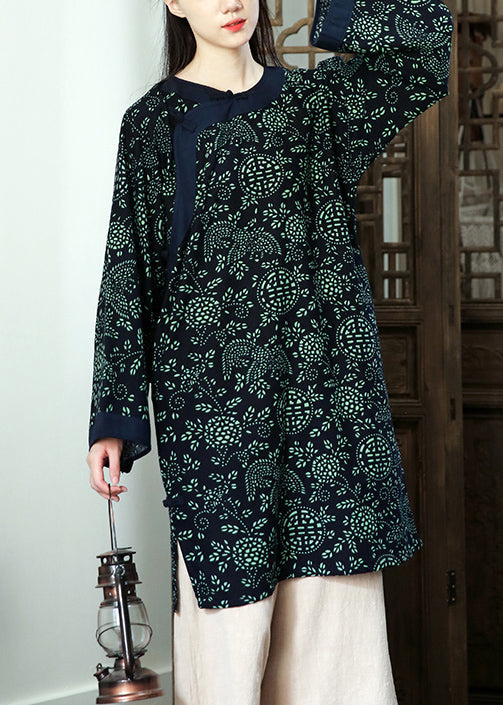 Navy Print Button Patchwork Cotton Mid Dress Fall