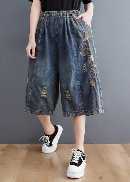 Blue Embroidered Hole Crop Jeans