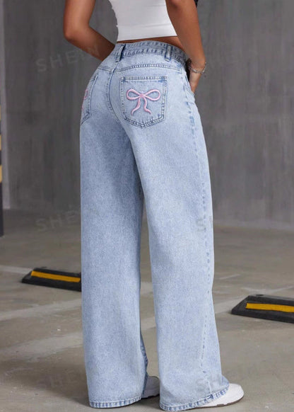 French Blue Pockets Patchwork Wide Leg Denim Pants Spring