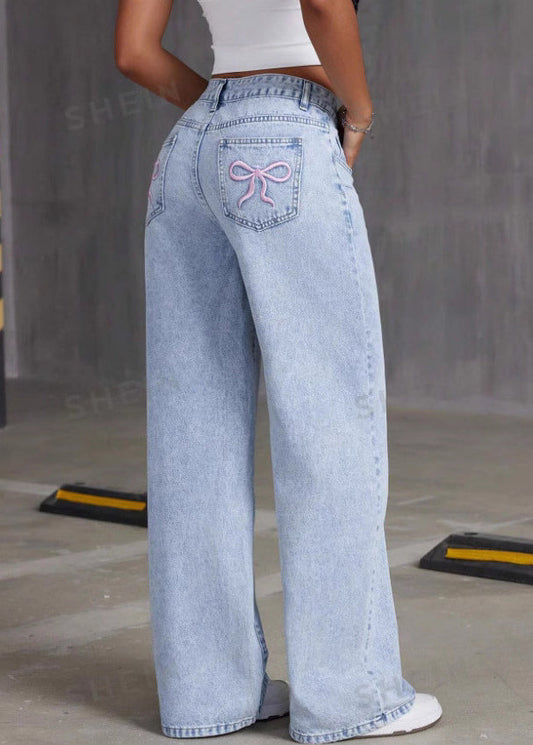 French Blue Pockets Patchwork Wide Leg Denim Pants Spring