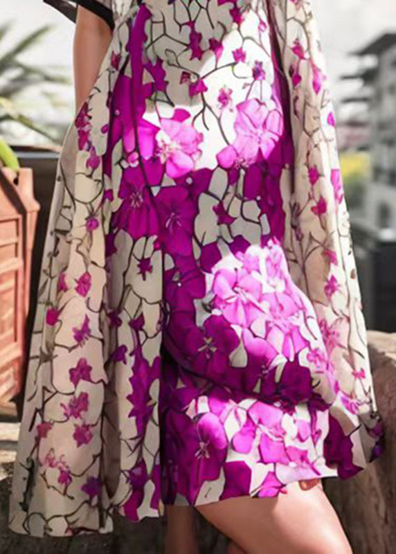 Unique Purple V Neck Print Silk Maxi Dress Short Sleeve
