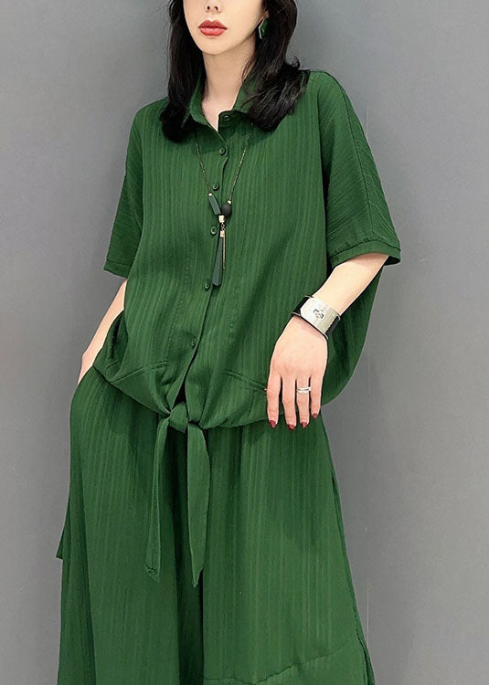 Natural Green Peter Pan Collar Patchwork Tops and Pants Cotton Two Pieces Set Spring