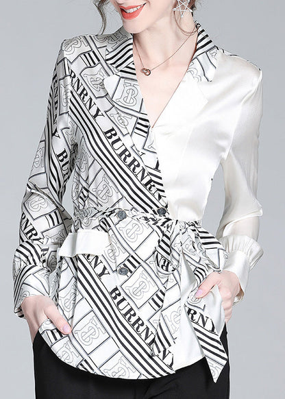 White V Neck Patchwork Print Tie Waist Silk Shirt Long Sleeve