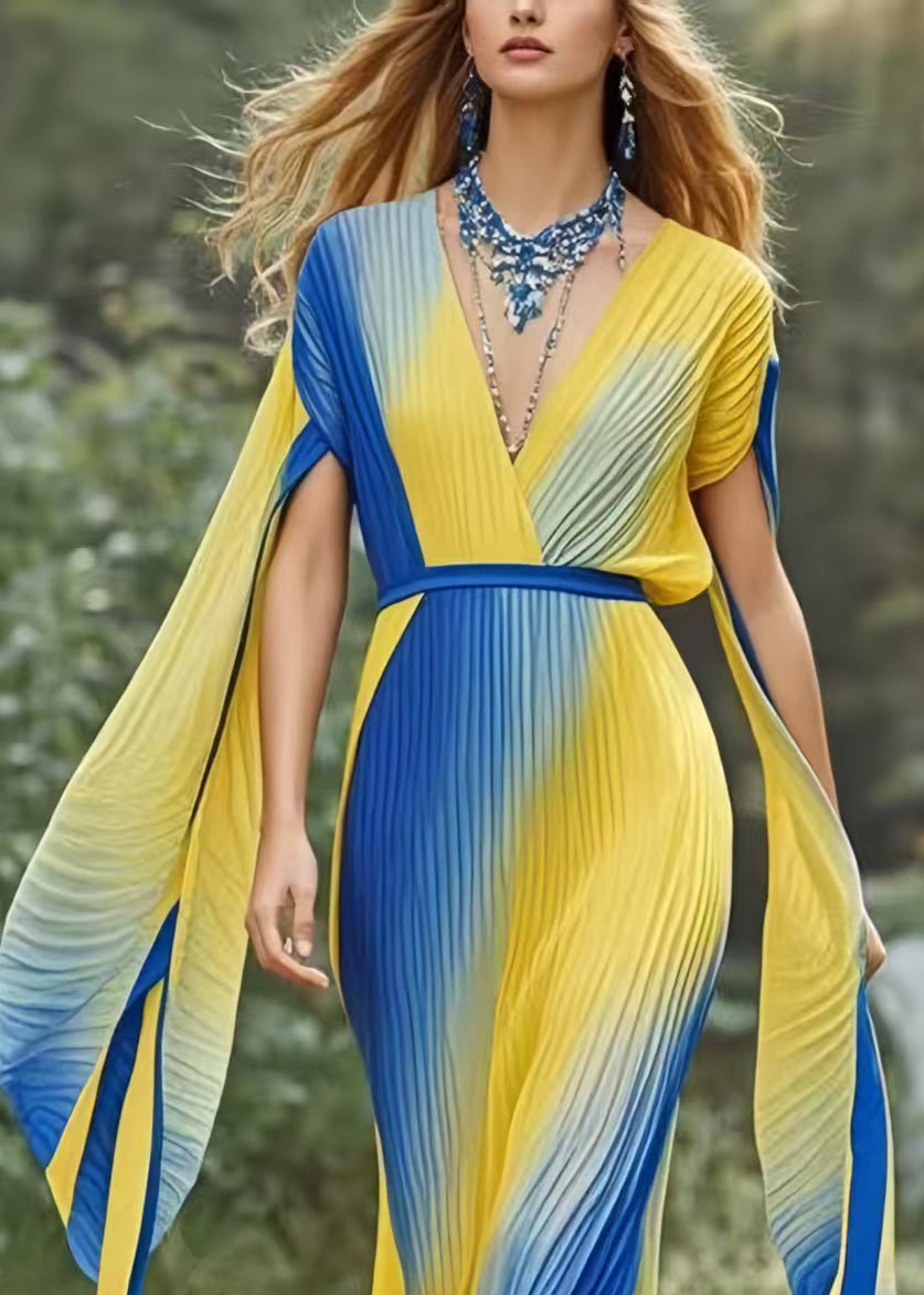 Gradient Color Cinched Chiffon Vestidos Dress Butterfly Sleeve