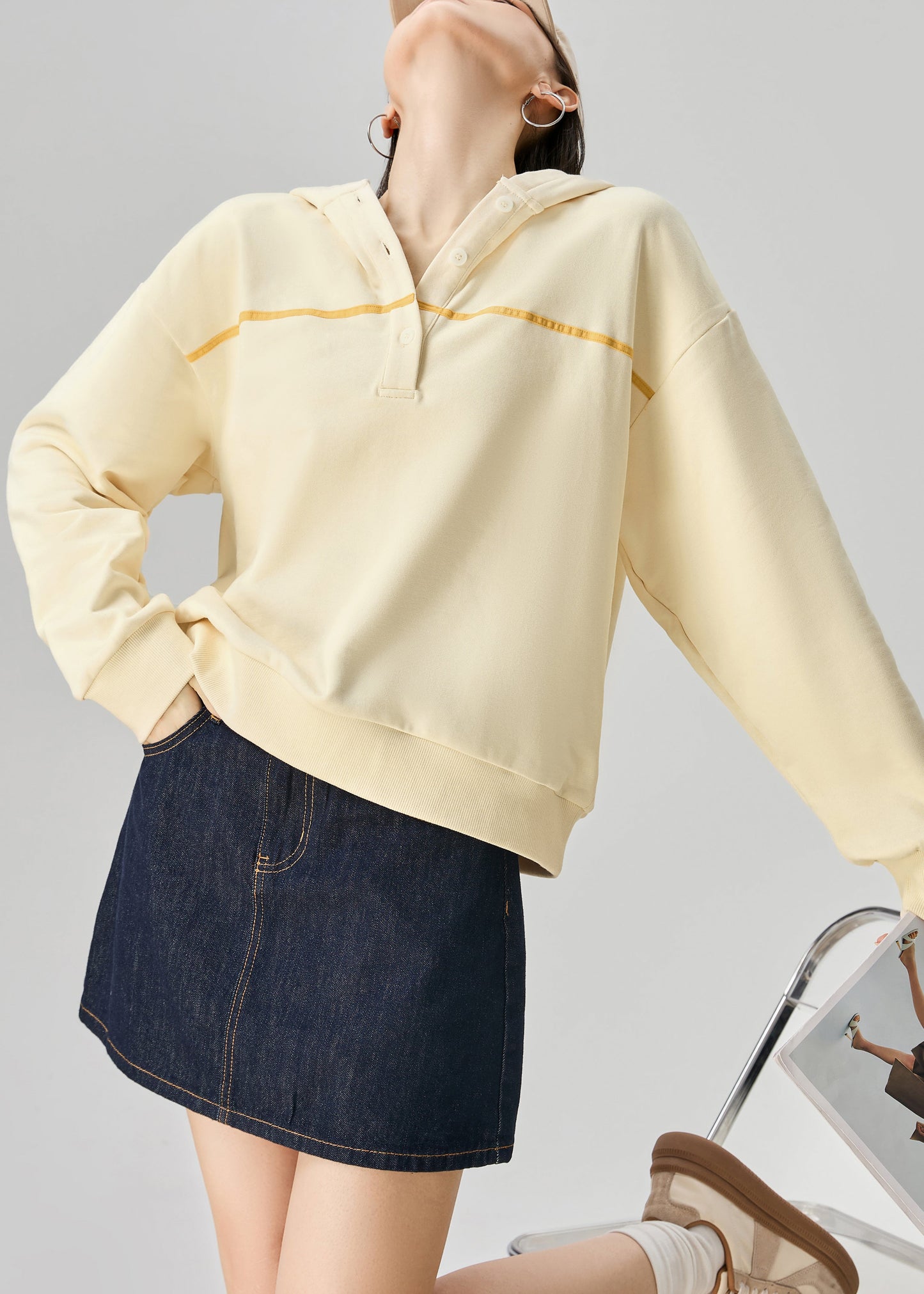 Yellow Hooded Button Cotton Sweatshirt Fall