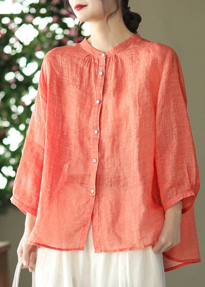 Chocolate Patchwork Linen Shirt Top Wrinkled Bracelet Sleeve