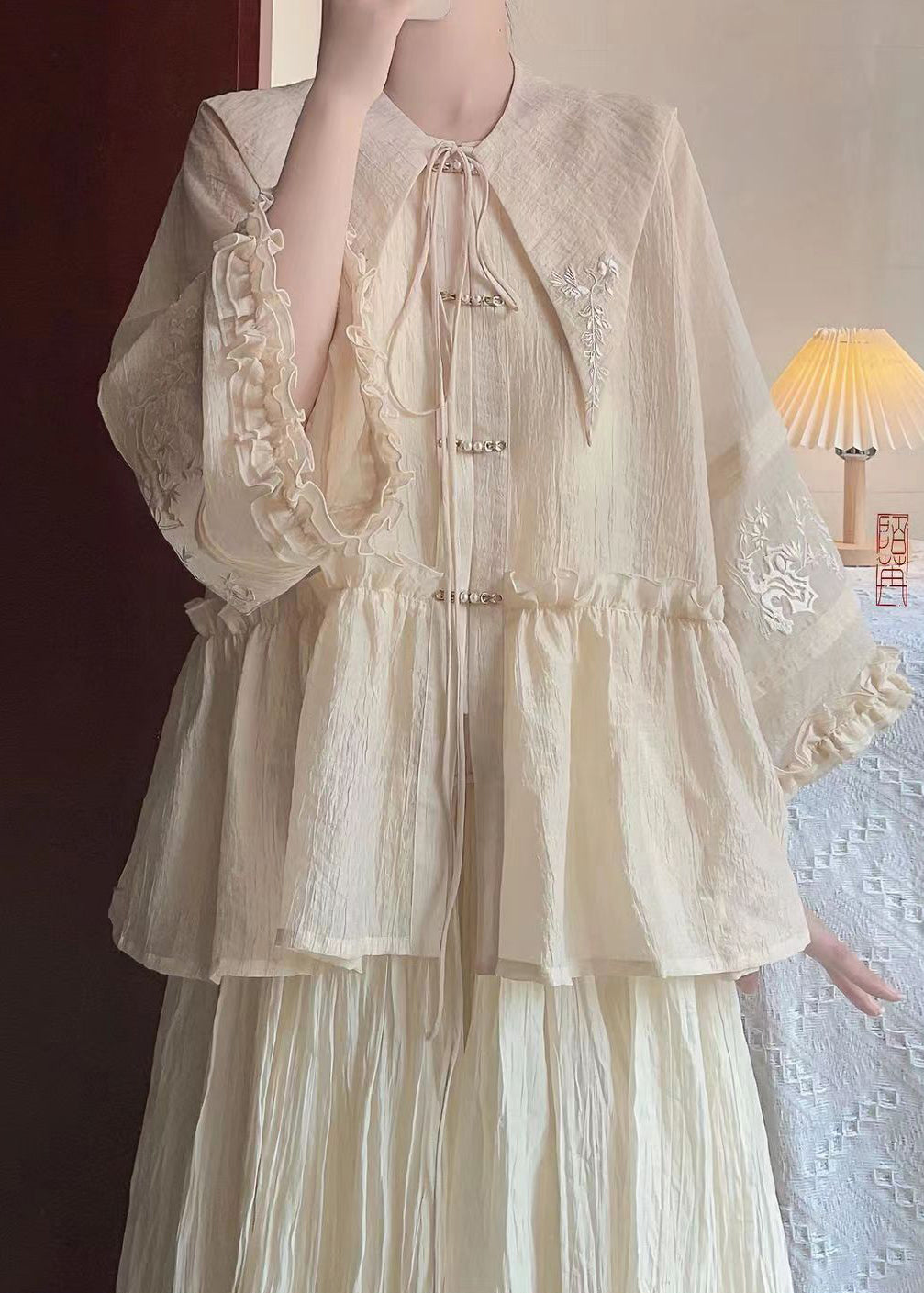 New Beige Ruffled Embroideried Lace Up Cotton Two-piece Set Spring