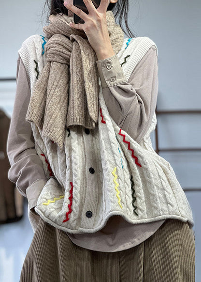 Beige Embroideried Button Thick Wool Knit Vests Winter