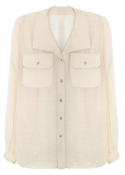 Art Beige Plaid Pockets Button Blouse Tops Summer