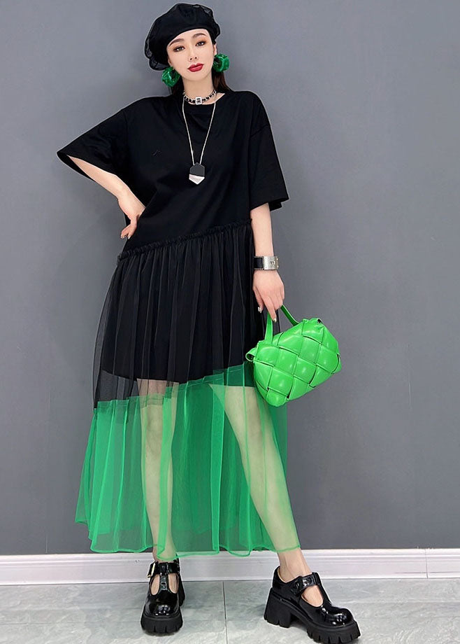 Black O-neck Tulle Patchwork Cotton Robe Dresses Short Sleeve