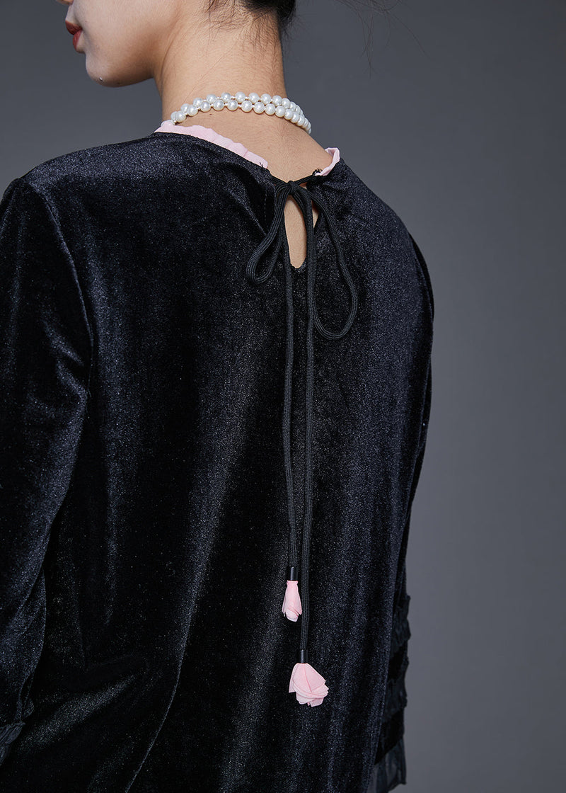 Unique Black Ruffled Patchwork Silk Velour Dress Spring