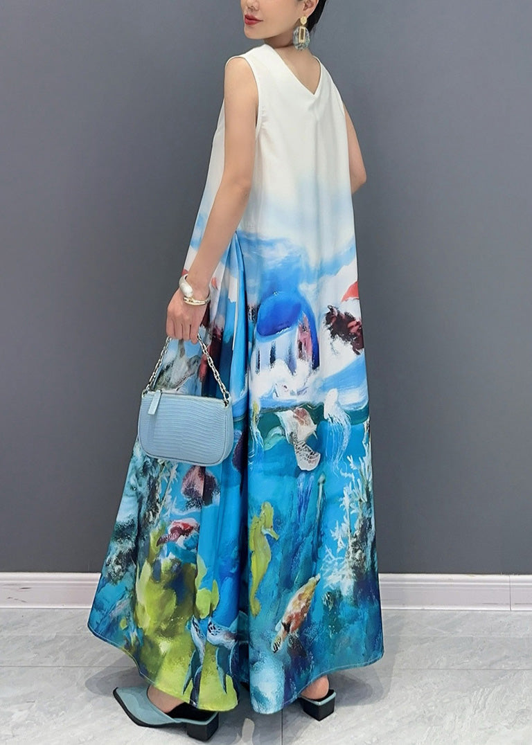 Blue V Neck Print Long Dress Sleeveless