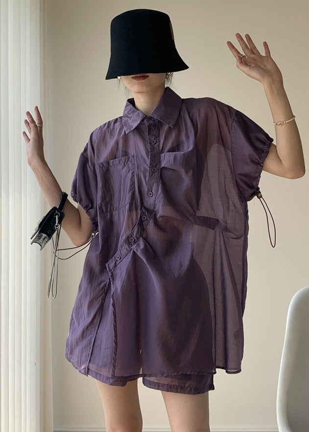 Purple Peter Pan Collar Button Patchwork Cotton Two Piece Suit Summer