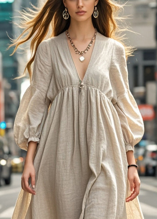Beige Oversized Cotton Long Dresses Fall