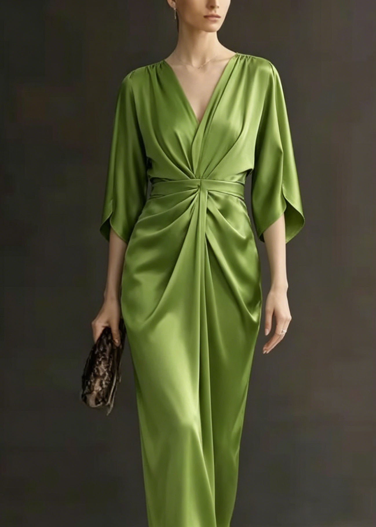 Green V Neck Wrinkled Silk Dress Batwing Sleeve