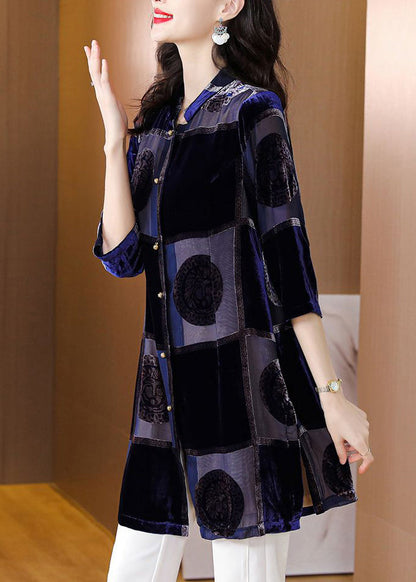 Blue Stand Collar Print Patchwork Velour Shirt Fall