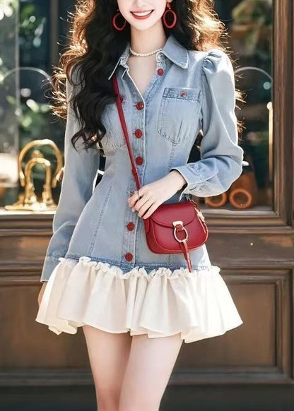 Stylish Blue Peter Pan Collar Ruffled Patchwork Denim Mini Dresses Fall