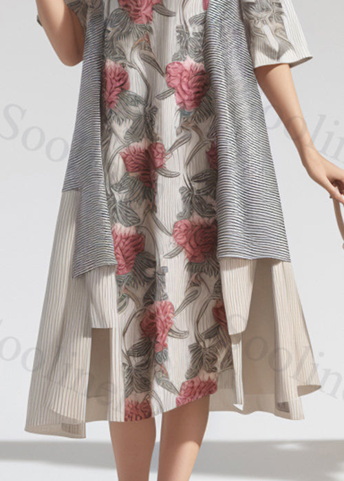 New Beige Asymmetrical Print Cotton Long Dress Summer