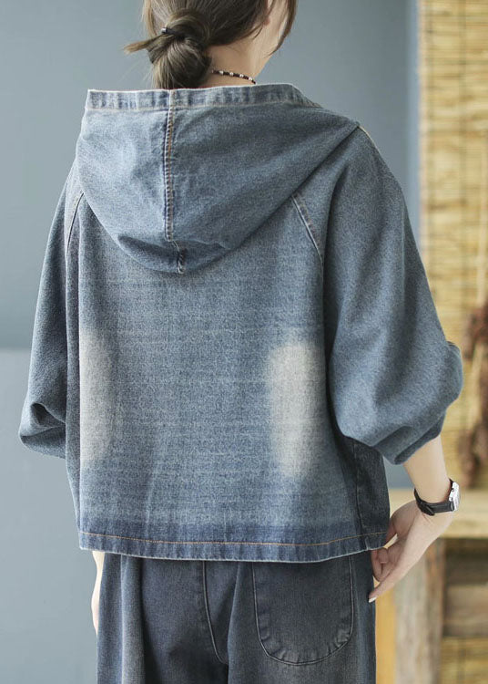 Fitted Blue Hooded Patchwork Denim Coat