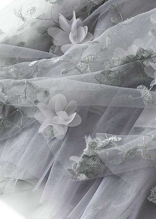 Simple Grey Embroideried Elastic Waist Tulle a Line Skirts Spring